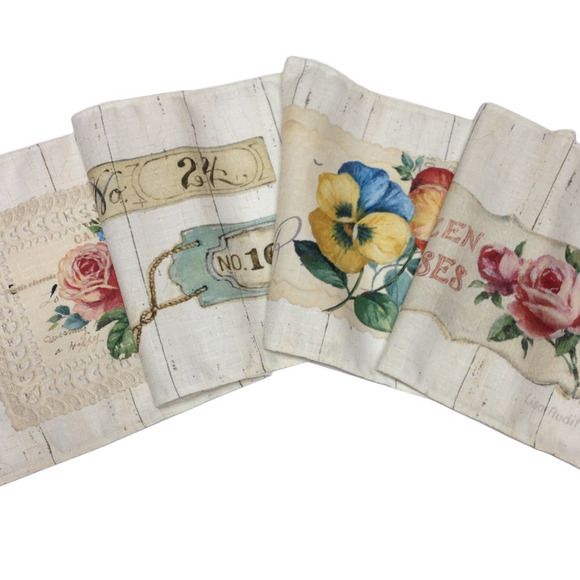 Garden Flower Market Table Runner Topper Dozen Roses Pansies Woven White NEW - Picture 4 of 5